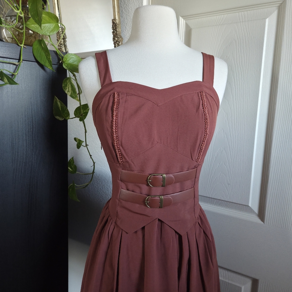 Scarlet Darkness steampunk brown red rust high-low dress Sz Small Ruffle detail - Picture 4 of 5